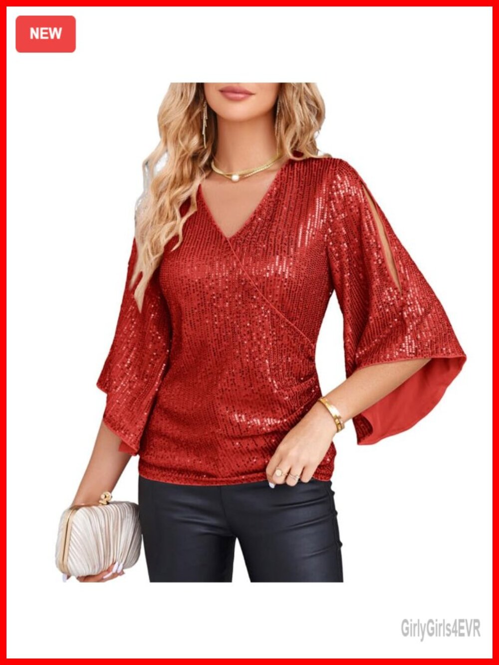 Sequin V-Neck 3/4 Bell Sleeve Tunic Blouse Slim Fit Party Top